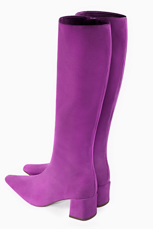Mauve purple women's feminine knee-high boots. Tapered toe. Medium block heels. Made to measure. Rear view - Florence KOOIJMAN